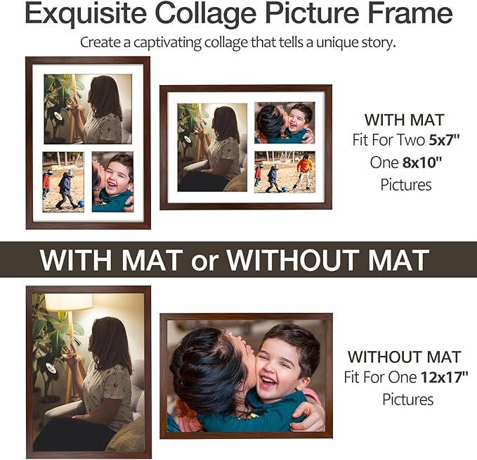 Golden State Art 12x17 Brown Wood Picture Frame - White Mat for 8x10 and 5x7 Photos - Real Glass, Sawtooth Hanger, Swivel Tabs - Wall Mounting - Great for Posters, Weddings, and Engagements