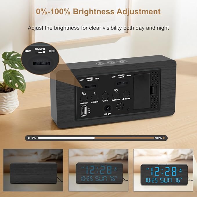 DreamSky Wooden Digital Alarm Clocks for Bedrooms - Living Room Desk Clock with Date and Day of Week, Temperature, USB Port, Dimmer Wheel, Adjustable Volume, Auto DST, Wood Decor for Office Table