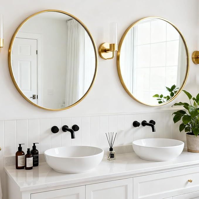 Round Wall Mirror 20 Inch Gold Vanity Mirror with Metal Frame, Modern Circle for Bathroom, Entryway, Bedroom, Living Room, Wall Mounted Decorative Mirrors
