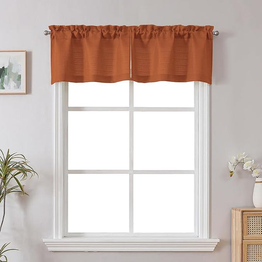Chyhomenyc Orange Faux Linen Slub Textured Semi Sheer Small Window Kitchen Valance Curtain, Rod Pocket Cafe Valance for Bathroom Laundry Basement, 30Wx14L inch, 2 Piece