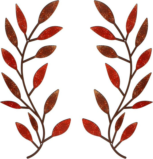Zhengmy 2 Pieces Metal Tree Leaf Wall Decor Vine Olive Branch Leaf Wall Art Living Room, Hallway Wall Decor Outdoor Decoration(Autumn Color)