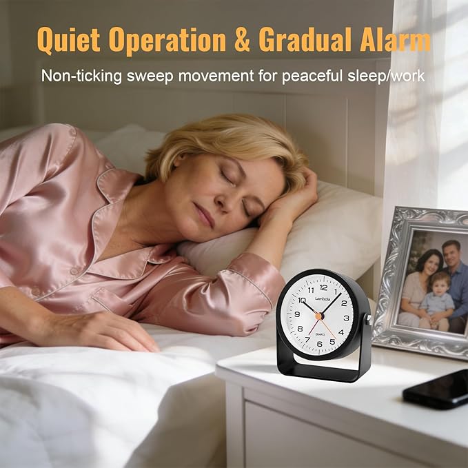 3.5 Inch Small Desk Alarm Clock, Battery Operated Analog Silent Clock with Night Light, Retro Vintage Metal Bedside Clock for Bedroom, Office, Bathroom, Dorm, Shelf, Table - Black