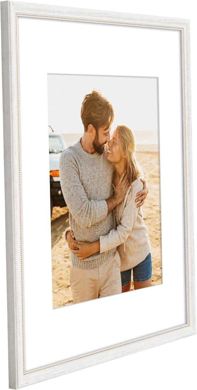 Americanflat Vintage Frames - 16x20 Picture Frame with Beaded Accents and Polished Plexiglass - Use as 11x14 Frame or Display 16x20 Photos Without Mat - Heirloom Collection - Wall Display - White Gold