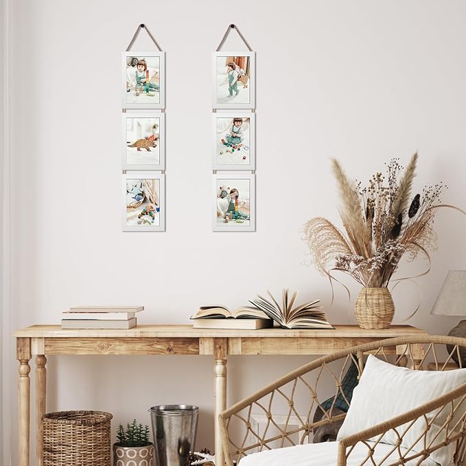 Lavezee 5x7 White Hanging Collage Picture Frames Set of 2, 6 Opening Vertical Frame Made to Display 5 by 7 Inch Photo for Wall Decor