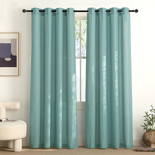 NICETOWN Greyish Blue Linen Curtains for Kitchen, Thick Flax Small Window Treatments Semi Sheer Privacy Assured with Light Through for Cafe/Bathroom, W55 x L84, 2 Panels