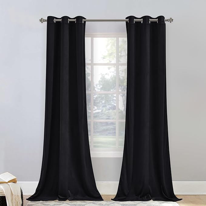 StangH Black Blackout Velvet Curtain Panels Grommet Heat Insulated Privacy Window Drapes 96 inches Length for Living Room/Basement/Dining Room, 42 x 96 inches, 2 Panels