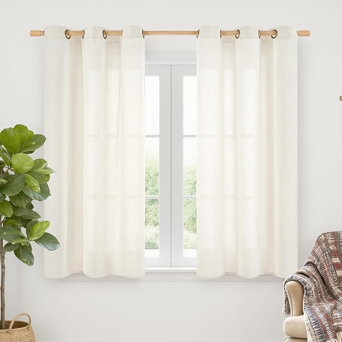 YoungsTex Ivory Linen Curtains 48 Inch Length, Short Light Filtering Drapes Semi Sheer with Bronze Grommet Privacy for Bedroom Living Room Windows, 42 x 48 Inch, 2 Panels