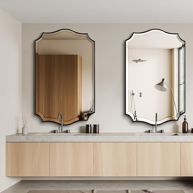 POZINO Scalloped Beveled Mirror, 30"x48" Modern Rectangle Mirrors for Over Sink, Large Wavy Decorative Mirrors, Irregular Shaped Mirror for Vanity Bathroom Living Room Bedroom Fireplace Entryway