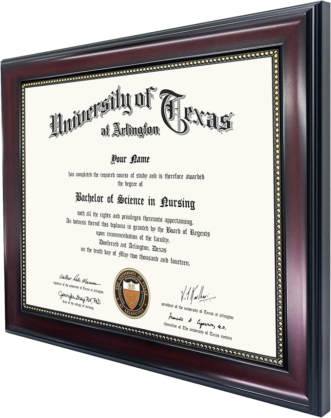 GraduationMall 8.5x11 Certificate Diploma Frame, Tempered Glass, Mahogany with Gold Beads