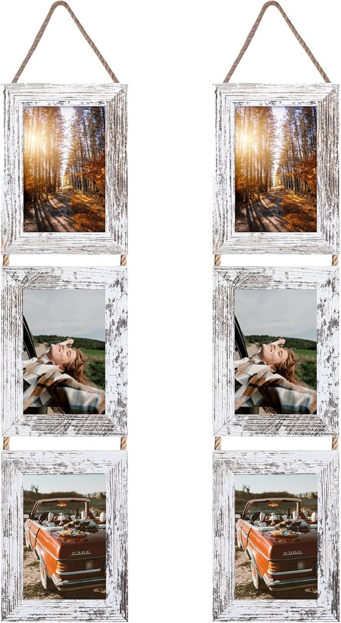 Lavezee 4x6 Collage Hanging Triple Picture Frames Set, 6 Opening Distressed White Vertical Frame Made to Display 4 by 6 Inch Photo Prints for Wall Decor
