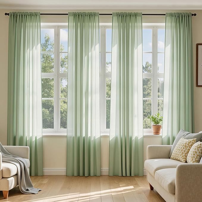MIULEE Sage Green Sheer Curtains 108 Inches Long, 4 Panels Set, Light Filtering Rod Pocket Voile Drapes Window Treatments, Semi Transparent Airy Fabric for Bedroom and Living Room, 54 x 108 Inches