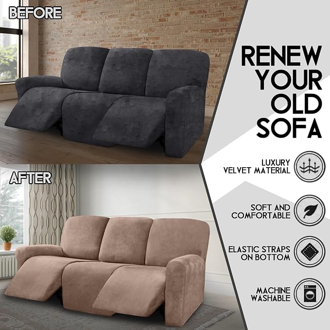 ULTICOR Velvet 8-Pieces Recliner Sofa Covers Stretch Reclining Couch Covers for 3 Cushion Reclining Sofa Slipcovers Furniture Covers Thick Soft Washable (3 Seater Recliner Cover, Sand)