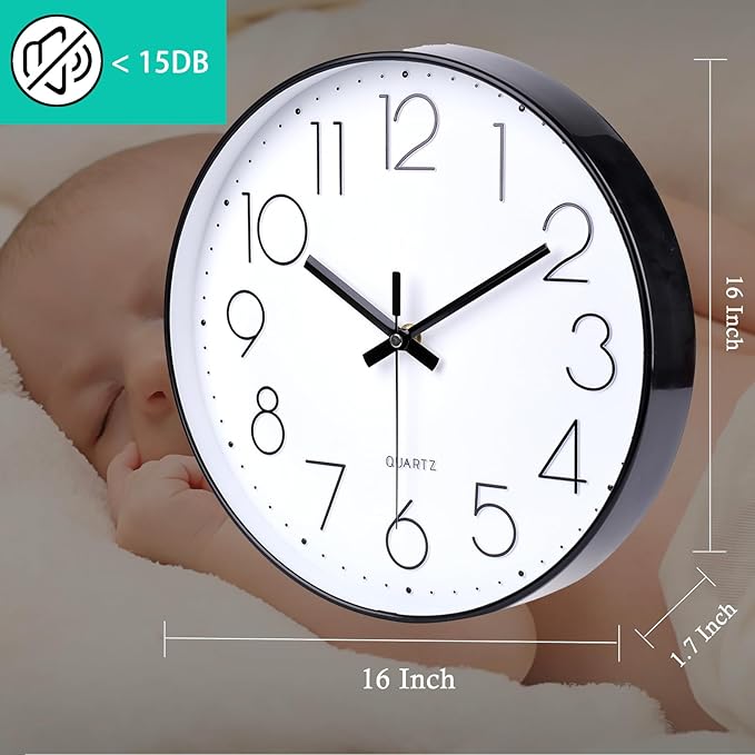 jomparis 16 Inch Large Wall Clock Modern Elegant Simple Style for Living Room Office (Black)