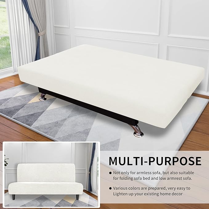 Easy-Going Stretch Futon Slipcover Armless Futon Bed Cover Furniture Protector Without Armrests with Elastic Bottom for Kids, Soft Jacquard Fabric Small Checks (Large, Cream)