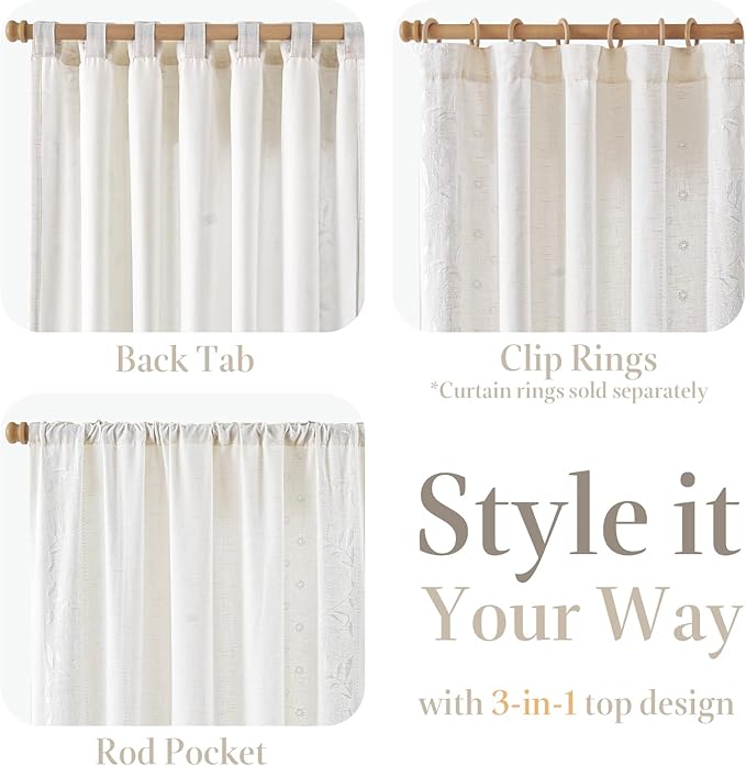 jinchan Winslow Lined Linen Curtains for Bedroom 63 Inches Linen Blended Embroidered Bordered Floral Curtains for Living Room Farmhouse Decor Window Treatments White on White Drapes 2 Panels