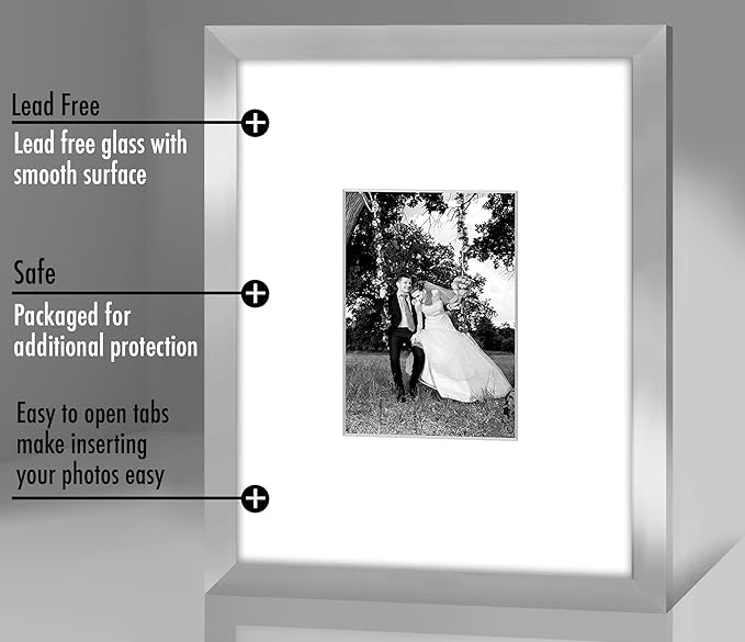Americanflat 11x14 Picture Frame with Shatter-Resistant Glass - Use as 5x7 Frame with Mat or Display 11x14 Photo Without Mat - Signature Collection - Picture Frames for Wall Display - Silver