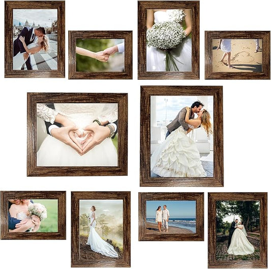 Picture Frame Set 10 pack, Farmhouse Photo Frames, Gallery Wall Frame Collage, 8x10 5x7 4x6 Frames in 3 Different Finishes Picture Frames For Wall or Desk,Dark Brown