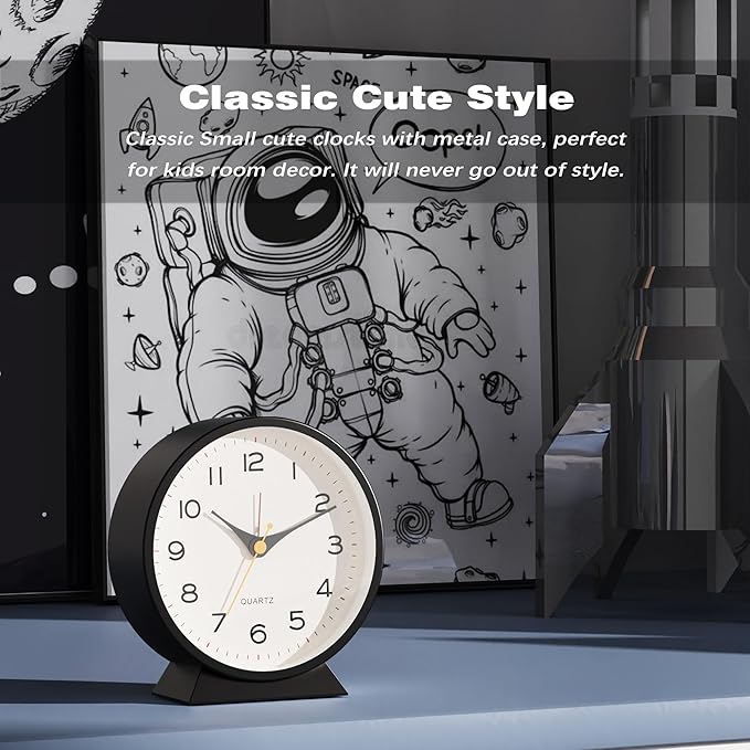 AYRELY?? 4.5" Analog Alarm Clock,Small Retro Desk Clock Battery Operated,Slient Metal Table Clock with Light for Living Room Decor,Bedroom,Bedside,Shelf (Black)