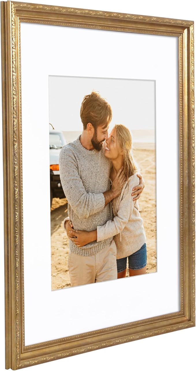 Americanflat 16x20 Picture Frame with Polished Plexiglass - Use as 11x14 Frame with Mat or Display 16x20 Photo Without Mat - Ornate Picture Frames for Wall Display - Gold