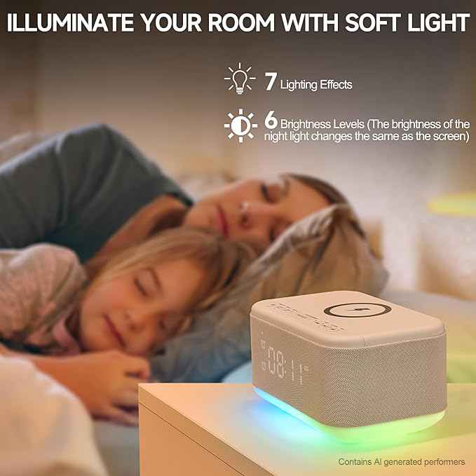 Alarm Clock Speaker Wireless Charger, Digital Alarm Clocks Bedrooms Bluetooth, Alarm Clock Dimmable Light Bedrooms Dual Alarm Snooze Dimmer 12 24H RGB Night Light Bluetooth USB AUX, White - Image 7