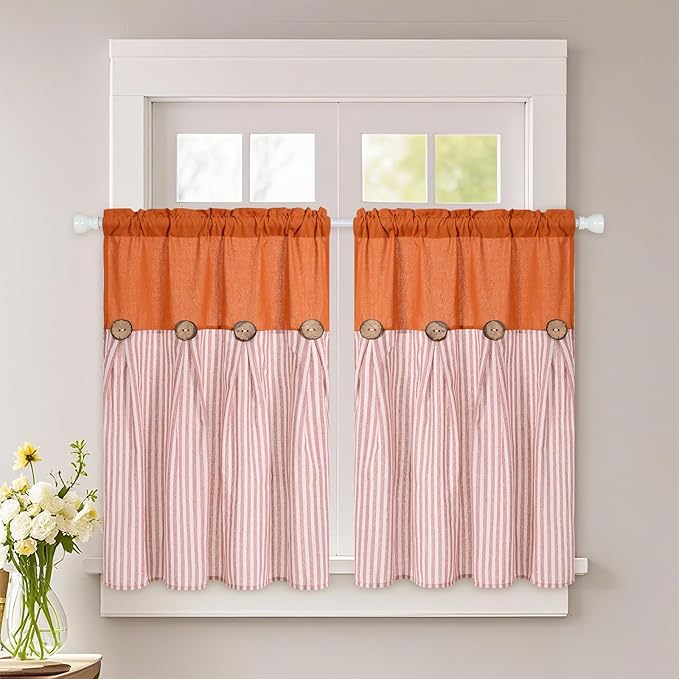 ASPMIZ Linen Kitchen Curtains 24 Inch Length, Farmhouse Boho Button Kitchen Window Curtain Over Sink, Orange Striped Short Curtains for Small Windows, Bathroom, Rod Pocket Window Treatment Tiers
