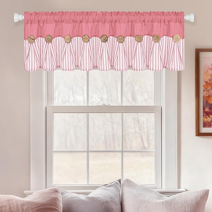 ASPMIZ Farmhouse Cotton Linen Valances for Windows, Boho Kitchen Curtains Valances with Rustic Button, Pink Striped Window Treatments Curtain Valance for Bathroom Cafe, 60 x 14 Inch, 1 Pannel