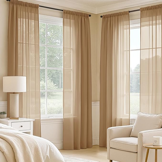 MIULEE Brown Sheer Curtains 72 Inches Long, 4 Panels Set, Rod Pocket Voile Drapes Light Filtering and Semi Transparent, Elegant Window Treatments for Bedroom Living Room,54 x 72 Inches