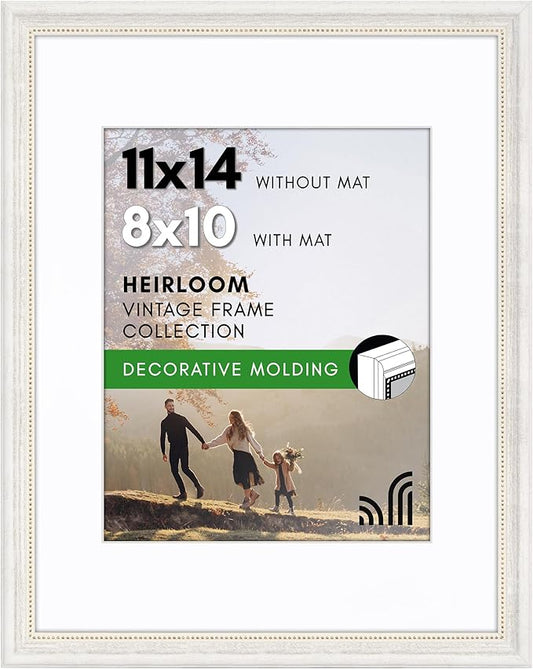 Americanflat Vintage Frames - 11x14 Picture Frame with Beaded Accents and Shatter-Resistant Glass - Use as 8x10 Frame or Display 11x14 Photos Without Mat - Heirloom Collection - White Gold