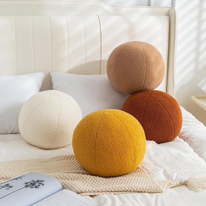 11.8 inch Ball Pillow Nordic Round Throw Pillows Boucle Ball Pillow Sphere Shaped Pillow Round Decorative Pillow for Couch, Sofa, Bedroom (Khaki, 11.8 inch)