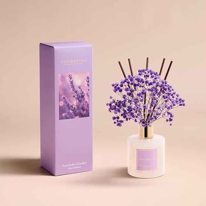 COCORR??NA Reed Diffuser - Lavender Garden 6.7 Fl.oz Reed Diffuser Set with Sticks & Preserved Baby's Breath, Reed Diffuser for Home Bathroom Shelf Decor