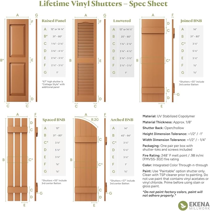 12"W x 64"H Lifetime Vinyl, Standard Cathedral Top Center Mullion, Open Louver Shutters, w/Installation Shutter-Lok's & Matching Screws (Per Pair), Treated Cedar