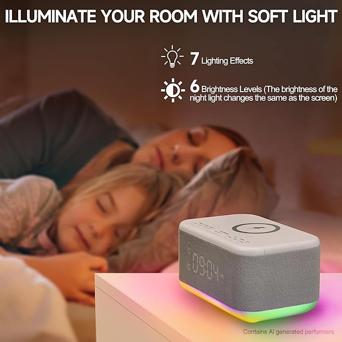 Alarm Clock Speaker Wireless Charger, Digital Alarm Clocks Bedrooms Bluetooth, Alarm Clock Dimmable Light Bedrooms Dual Alarm Snooze Dimmer 12 24H RGB Night Light Bluetooth USB AUX, Gray - Image 7