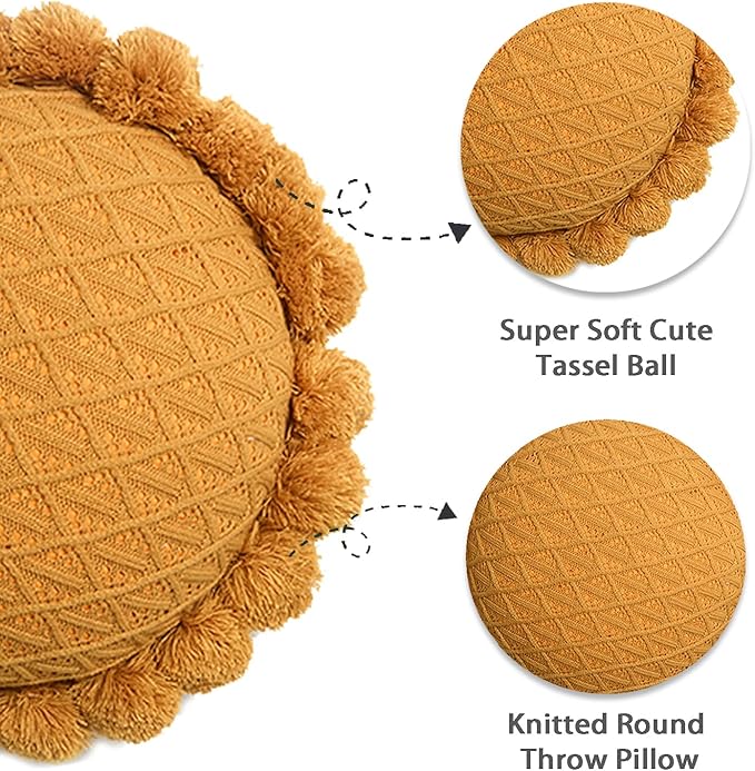 Acrylic Knitted Round Throw Pillow Knitting Bohemian Circular Cushion Pillow with Knit Handmade Pompoms Decorative Warm Orange, Diameter 18inches