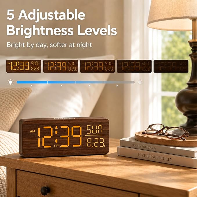 Peakeep Wooden Digital Alarm Clock Large Display, Textured Decoration - Image 4