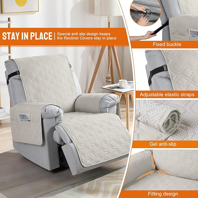 VANSOFY 100% Waterproof Recliner Chair Covers, Recliner Cover Non-Slip Dog Chair Cover Furniture Protector Washable Slipcover with Pocket, Elastic Straps for Pets, Dogs(Beige, 20")