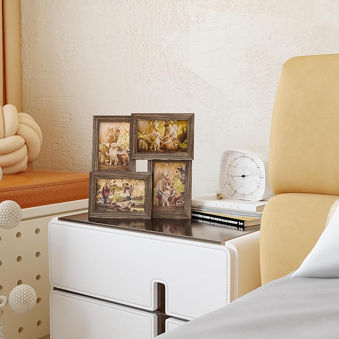 Egofine 4x6 Family Picture Frame Collage, for 4x6 pictures Covered by Plexiglass for Wall Hanging and Tabletop, 4-opening Dimensional Picture Frame for Home Deor, Rustic Brown