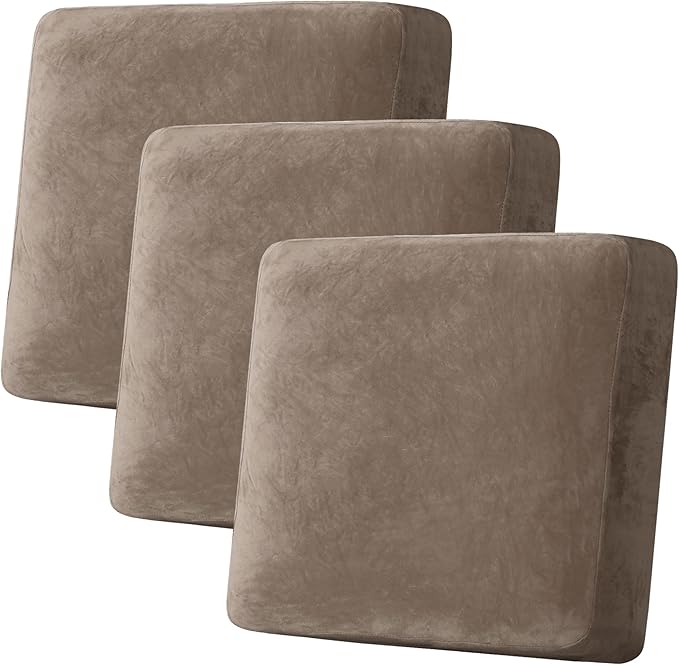 H.VERSAILTEX Velvet Stretch Couch Cushion Cover Plush Cushion Slipcover for Chair Loveseat Sofa Cushion Furniture Protector Seat Cushion Sofa Cover (3 Piece XL Sofa Cushion Covers, Mocha)
