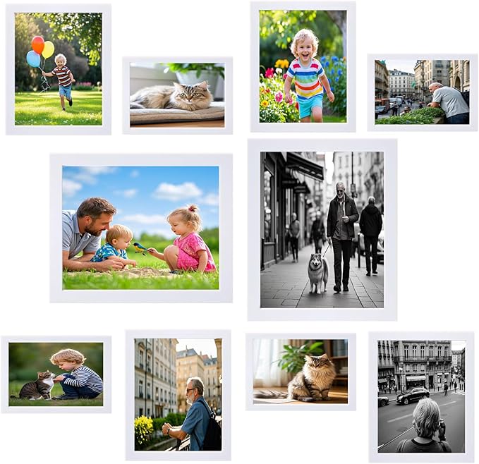 Picture Frame Set 10 pack, Farmhouse Photo Frames, Gallery Wall Frame Collage, 8x10 5x7 4x6 Frames in 3 Different Finishes Picture Frames For Wall or Desk, White