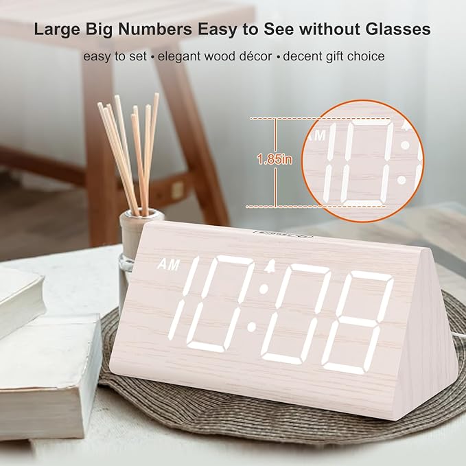 DreamSky Wooden Digital Alarm Clock for Bedroom - Living Room Desk Clock with Large Numbers, Bedside Nightstand Clock with USB Port, Adjustable Volume, Dimmer, DST, Office Wood D??cor, Adapter Powered