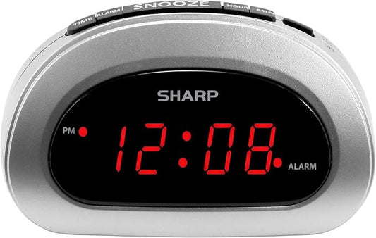 Sharp Small Digital Alarm Clock with Snooze and Battery Backup, Easy to Use Top Button Controls for Simple Use, Silver Case with Red Easy to Read LED Display by SHARP