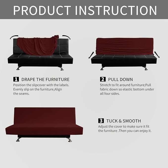 Easy-Going Stretch Futon Slipcover Armless Futon Bed Cover Furniture Protector Without Armrests with Elastic Bottom for Kids, Soft Jacquard Fabric Small Checks (Medium, Wine)