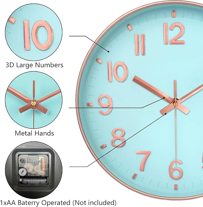 Modern Wall Clock, 10 Inch Digital Wall Clocks Battery Operated, Round Non Ticking Silent Analog Clock for Bedroom Living Room Kitchen Office Gym Classroom Decor, Blue Battery Clock