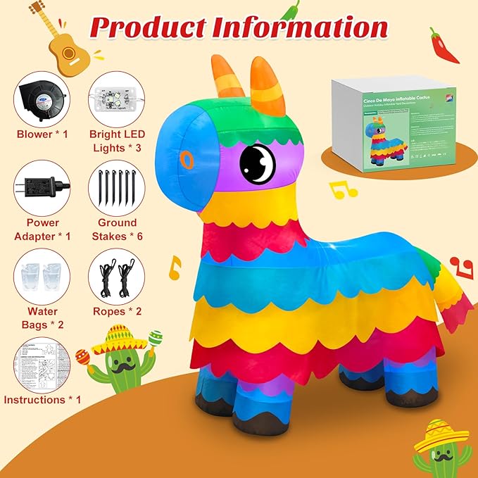 MICOCAH 6FT Cinco De Mayo Inflatable Outdoor Decoration Cute Blow Up Donkey Pinata with LED Lights, May 5 Mexican Fiesta Party Decor for Yard Garden Lawn Indoor Holiday