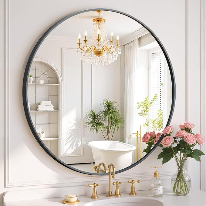 Round Wall Mirror 24 Inch Black Vanity Mirror with Metal Frame, Modern Circle for Bathroom, Entryway, Bedroom, Living Room, Wall Mounted Decorative Mirrors
