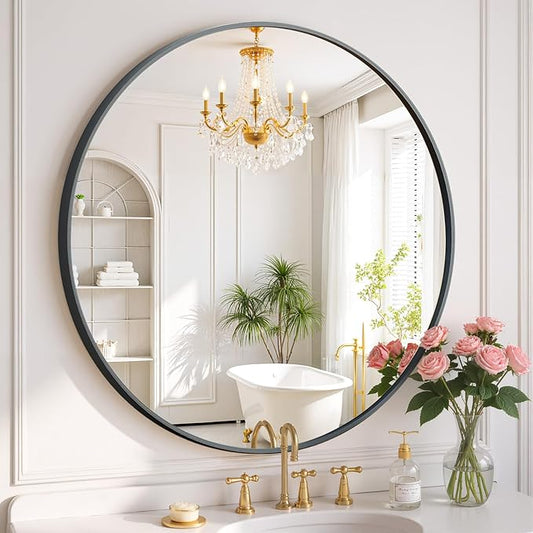 Round Wall Mirror 20 Inch Black Vanity Mirror with Metal Frame, Modern Circle for Bathroom, Entryway, Bedroom, Living Room, Wall Mounted Decorative Mirrors
