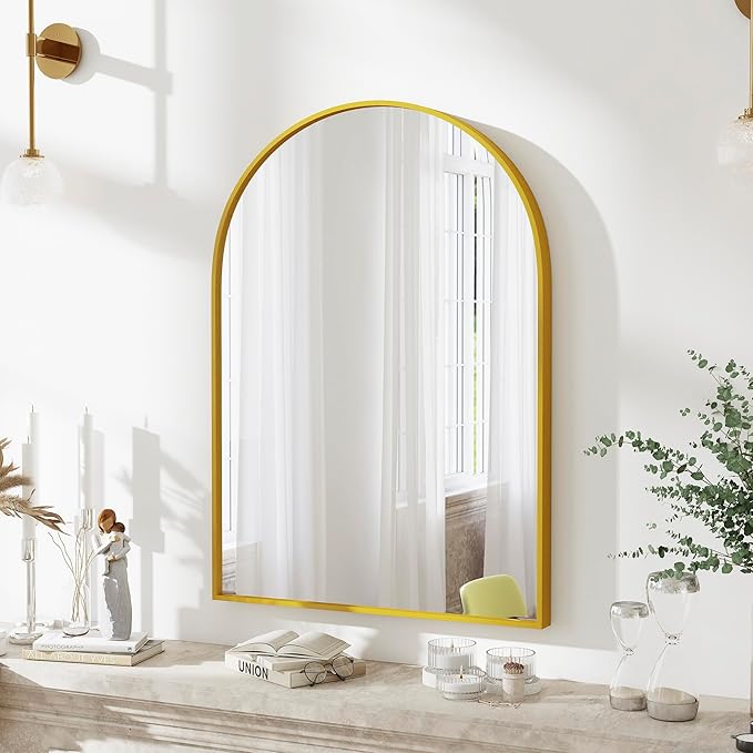 SCWF-GZ 30x20 Arch Mirror Rectangle Wall Mounted Hanging or Against Wall Metal Aluminum Alloy Frame Mirrors for Entryway Bedroom Bathroom Living Room 30 20 inch Gold