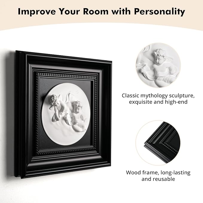 FOLKOR LIFE Framed Black and White Wall Art Sculpture with Cherub Angels for Vintage Decor, Antique Greek Mythology Framed Plaster Relief Wall Decor for Room, Hallway, Entryways Decoration
