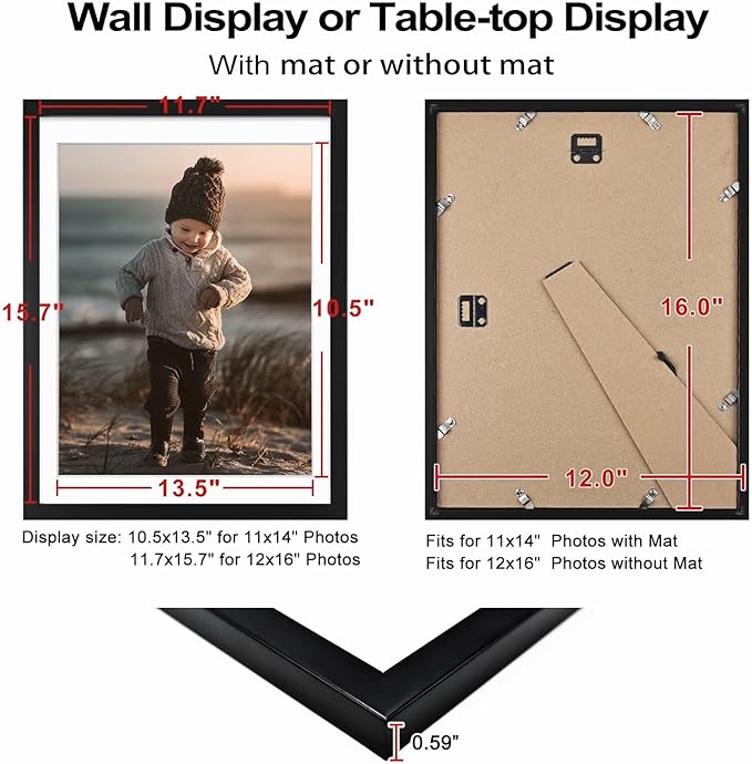 KINLINK 12x16 Picture Frame Black, Wooden 16x12 Photo Frames with Plexiglass for 11x14 Picture with Mat or 12x16 Without Mat, Perfect for Art Wall Gallery and Tabletop Display 12 x 16 frame Set of 6