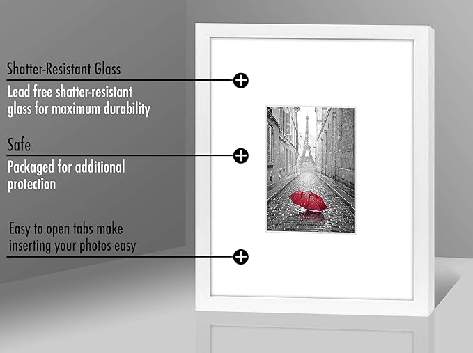 Americanflat 11x14 Picture Frame with Shatter-Resistant Glass - Use as 5x7 Frame with Mat or Display 11x14 Photo Without Mat - Signature Collection - Picture Frames for Wall Display - White