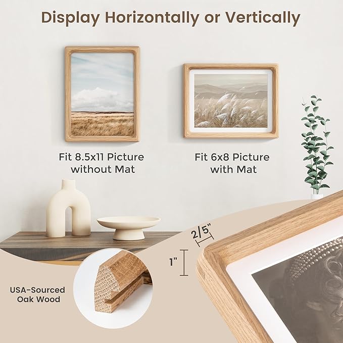 8.5 by 11 Picture Frame, USA-Sourced Oak Wood Photo Frame with HD Tempered Glass, Handcrafted Rounded Corner 8.5x11 Wooden Frames Matted to 6x8 Photos, 8.5x11 Frames, Tabletop or Wall Display, 2 Pack